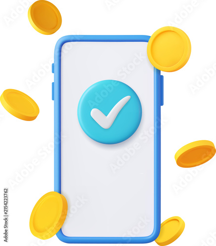 3d mobile phone, check mark and golden coins