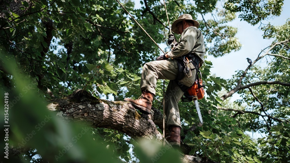 Fototapeta premium Professional arborist working high in a tree with a chainsaw and safety harness