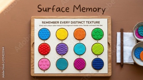 Tactile surface memory game for kids presents twelve colorful textured rubber circles on an engraved wooden board for sensory learning, showcasing educational tools for cognitive development