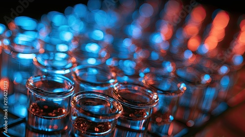 Row of small glass vials with liquid, illuminated by blue and red lights