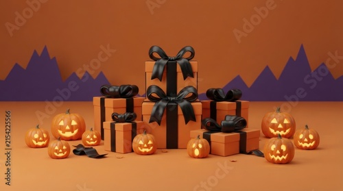 Halloween paper craft landscape with gift boxes and pumpkins