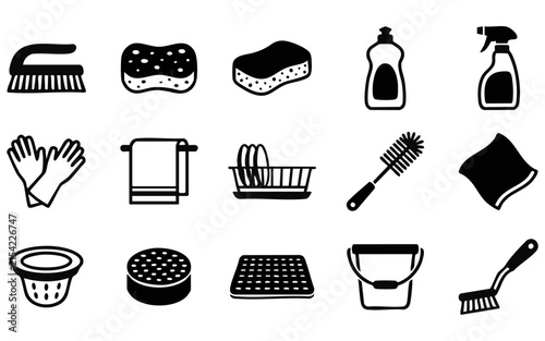 A collection of black and white cleaning icons featuring various household tools like sponges brushes gloves and spray bottles for chores