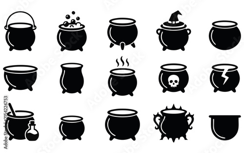 Collection of black silhouette icons depicting various magical witch cauldrons for halloween themes and fantasy games isolated on a plain white background
