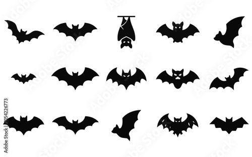 A collection of various black bat silhouettes isolated on a white background perfect for halloween decorations and spooky graphic design projects