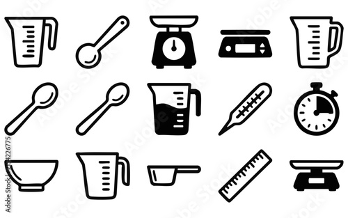 A collection of black and white kitchen measurement tool icons featuring cups spoons scales timers and other culinary preparation equipment items