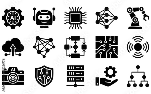Set of black artificial intelligence and machine learning icons representing technology digital transformation data processing robotics automation and modern computing system concepts