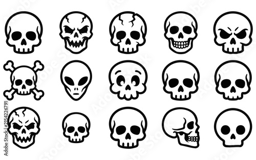 A collection of various stylized skull icons featuring different expressions and shapes isolated on a white background for graphic design projects