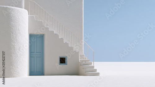 Stark white architecture with blue door and sky, minimalist aesthetic