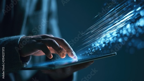 Digital connection Hands interact with a tablet emitting bright blue light streams