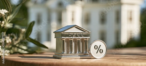 Miniature bank building and percentage sign outdoors, with a building in the background