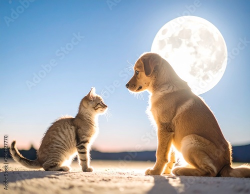 満月の夜に出会う子犬と子猫