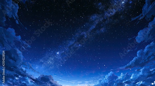 A vast, starry night sky with swirling clouds and the Milky Way