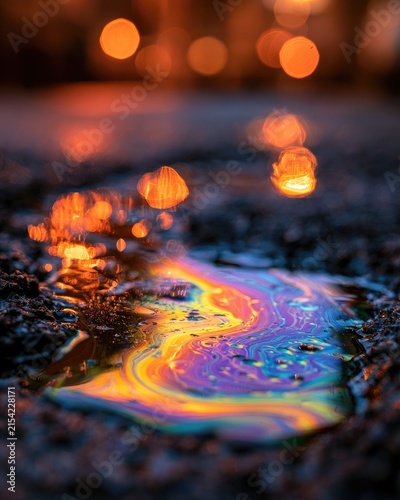Close-up of iridescent oil slick in puddle reflecting blurred, warm lights