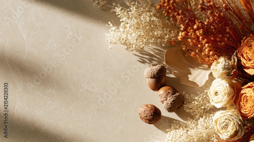 Warm autumn arrangement with dried flowers, acorns, and nuts on textured surface