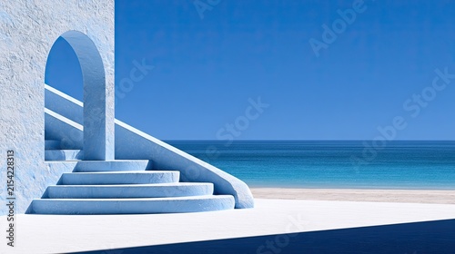 Archway leads to steps by a bright blue ocean and sandy beach