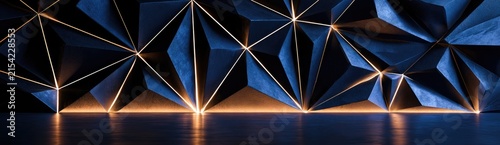 Geometric dark blue wall with thin illuminated golden lines and reflective floor