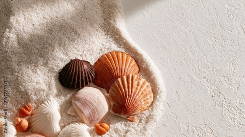 Delicate seashells resting on a soft, sandy surface with light