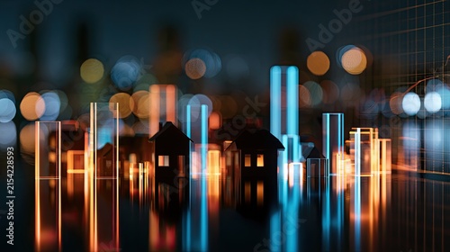 Illuminated cityscape with silhouetted houses and glowing abstract structures