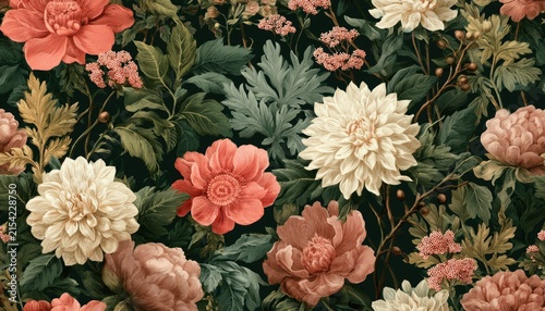 Rich botanical tapestry with layered floral blooms and abundant green foliage