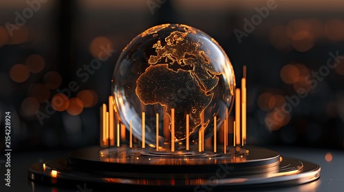 Glowing digital globe on podium with illuminated bars, futuristic display