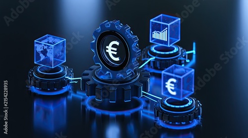 Futuristic network of glowing cubes and gears depicting financial connectivity