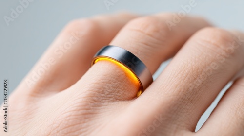 Cinematic macro of a minimalist matte titanium ring on a finger, a subtle pulse of amber light from the inner rim, realistic skin texture, soft studio