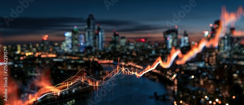 City skyline at dusk overlaid with glowing financial graph
