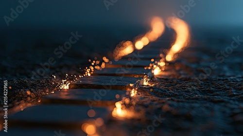 A path of luminous stepping stones emerges from dark, rippling water at dusk