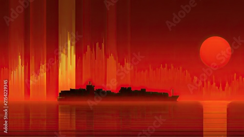 A cargo ship sails on water reflecting a fiery, abstract, vertical sunset