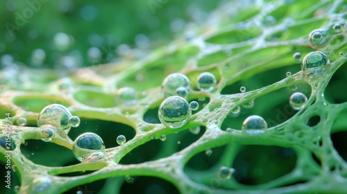 Extreme macro photography of a synthetic photosynthesis membrane, intricate network of microfluidic channels filled with glowing green liquid, tiny oxygen