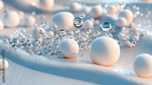 Macro shot of a futuristic white super hydrophobic surface, droplets of dark liquid bouncing off and forming perfect spheres without wetting
