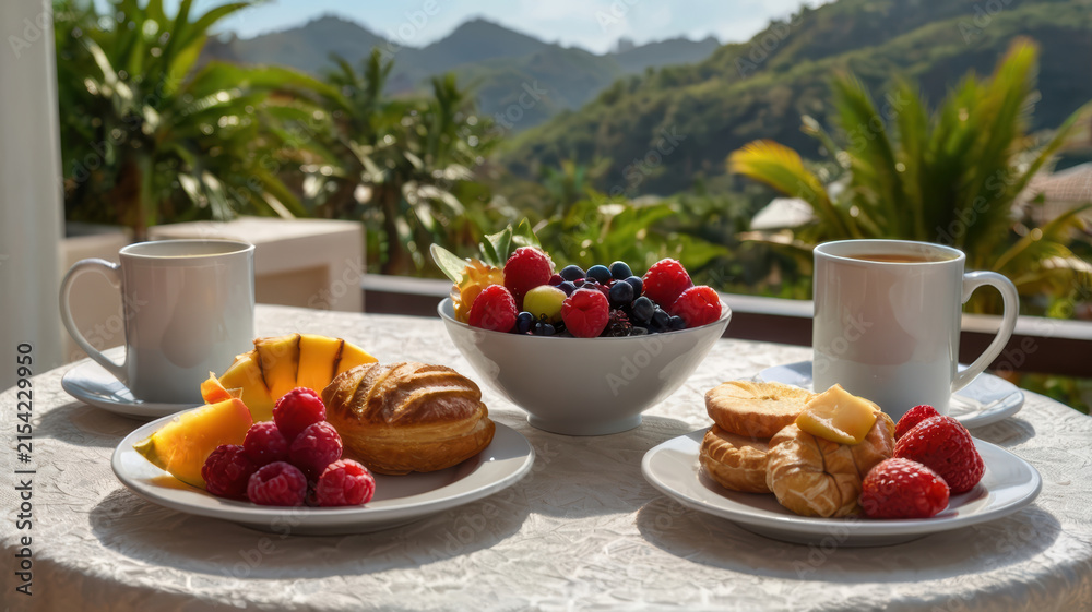 Fototapeta premium Luxury breakfast on balcony with fruit pastry and mountain view