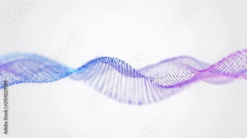 Purple digital particle wave on white background.