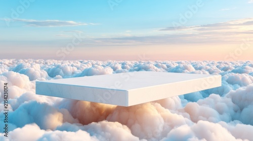 minimal floating platform above soft clouds, clean sky background, soft light, futuristic concept, large empty space for text, ultra realistic