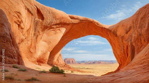 Masterpiece oil painting, close up texture detail of a massive ancient sandstone arch in Monument Valley, rich red and orange ochre tones, rough brushwork