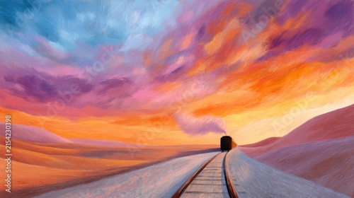 oil pastel illustration of elegant train crossing glowing desert landscape at sunset, rich textured brush strokes, atmospheric painting