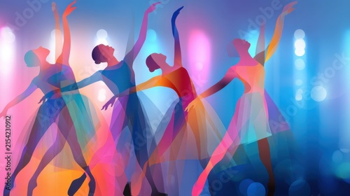 theater poster illustration of futuristic ballet performance with holographic stage lights and elegant dancers silhouettes, dramatic composition