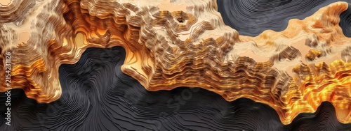 Ultra wide panoramic shot of a 3D topographic map made of molten liquid gold on a black matte slate surface, glowing orange valleys, luxury technology