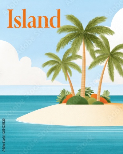 vintage travel poster illustration of tropical island with palm trees, turquoise ocean and elegant retro typography space, warm nostalgic colors