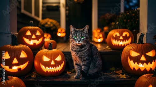 A cute tabby cat sitting among many glowing carved jack o lanterns for a spooky halloween night