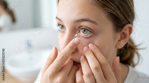 Teenager inserting contact lens into eye. Young girl applying vision correction at home.