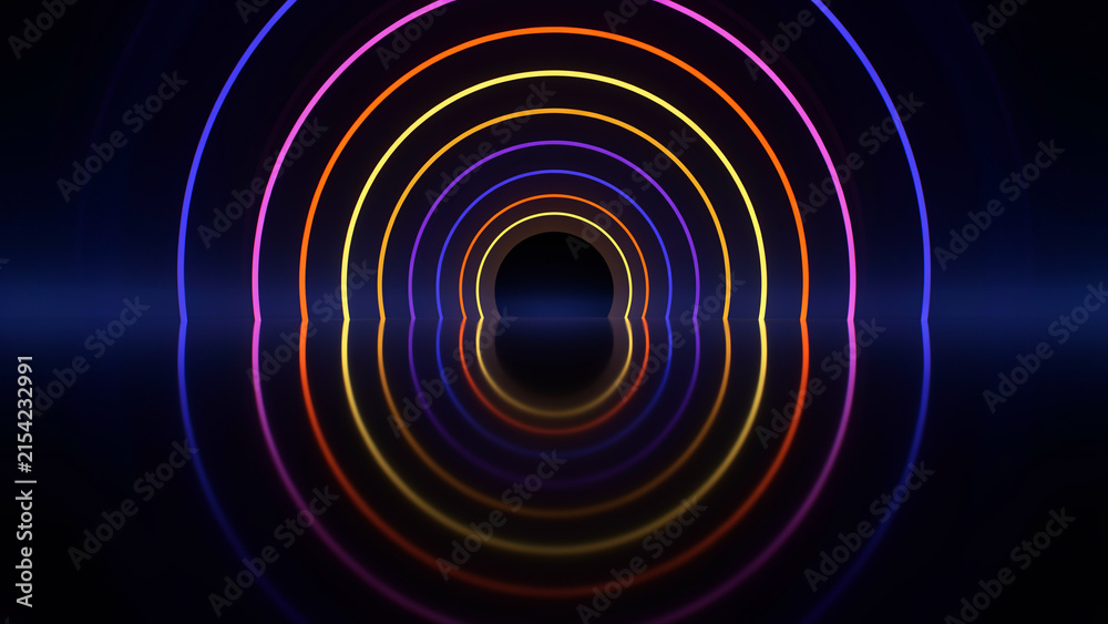 Fototapeta premium Abstract 3D database connection pool neon rings water reflection background