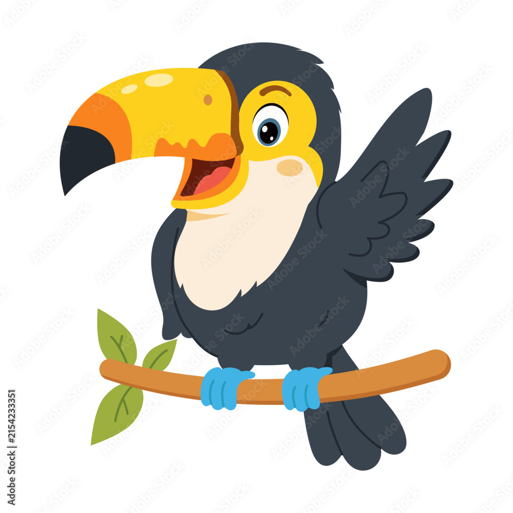 Naklejka premium A colorful toucan perches on a leafy branch with its large yellow beak and dark wings, presenting a bright tropical bird character with a cheerful cartoon look.
