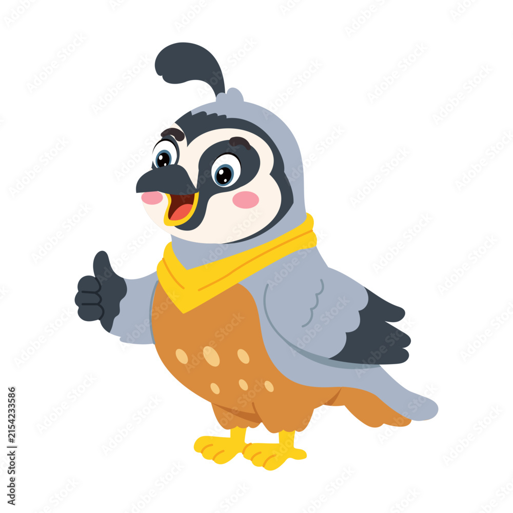 Obraz premium A cheerful cartoon quail gives a thumbs-up while wearing a yellow scarf, presenting a friendly ground bird character with a lively and playful expression.