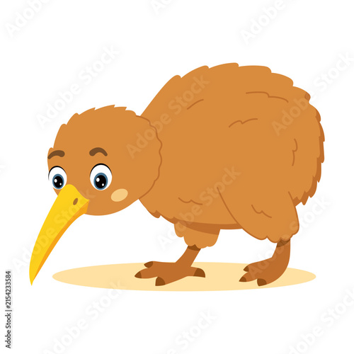 Canvas Print A fluffy brown cartoon kiwi bird bends forward with its long yellow beak, presenting a curious flightless bird character with a cute and rounded appearance