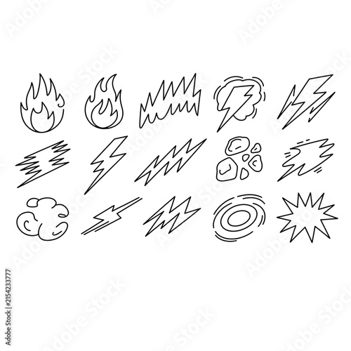 Hand Drawn Fire Flame Doodle Vector Set – Brush Scribbles, Energy Bursts and Power Marks