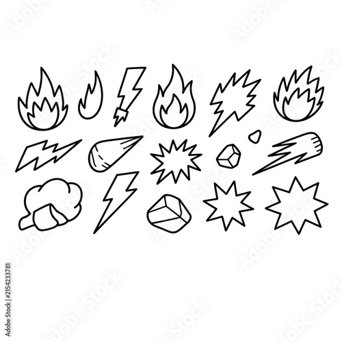 Hand Drawn Fire Flame Doodle Vector Set – Brush Scribbles, Energy Bursts and Power Marks