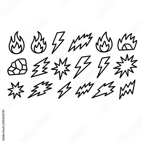 Hand Drawn Fire Flame Doodle Vector Set – Brush Scribbles, Energy Bursts and Power Marks