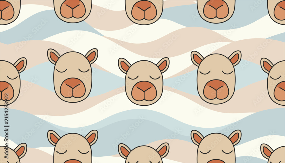 Naklejka premium Seamless vector pattern of sleeping cartoon llamas and alpacas on a soft pastel cream and blue wavy background.