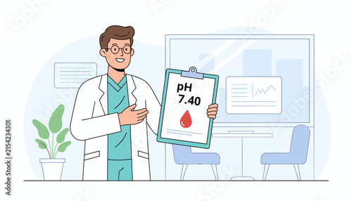 Friendly medical doctor showing a clipboard with pH level result of blood test in a clinic room office background vector.
